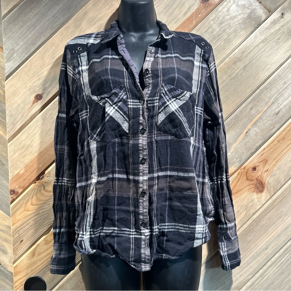 Free People Wesley Black Combo Grommet Accent Pocket Boyfriend Plaid Shirt - S
